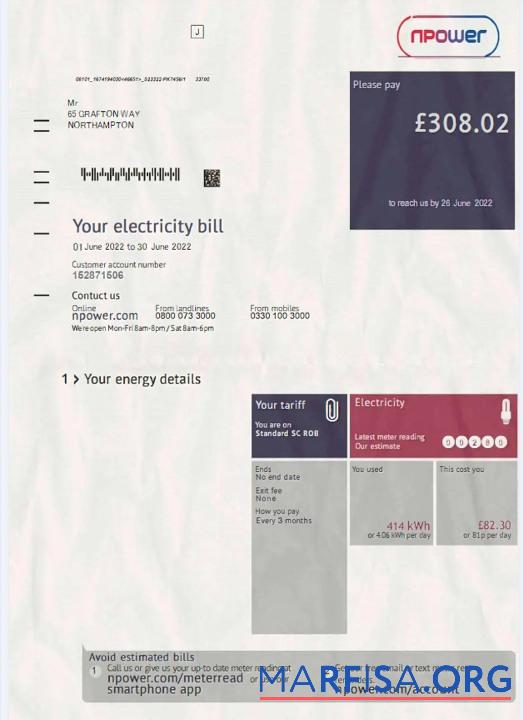 Blank United Kingdom Npower electricity bill in PSD format real example